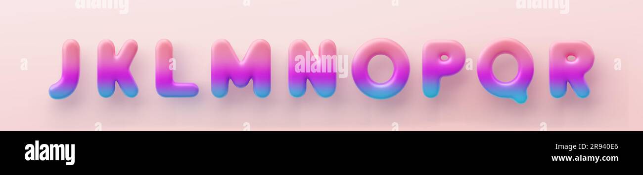 3D farbige Buchstaben J, K, L, M, N, O, P, Q und R eine glänzende Oberfläche auf pinkfarbenem Hintergrund Stock Vektor