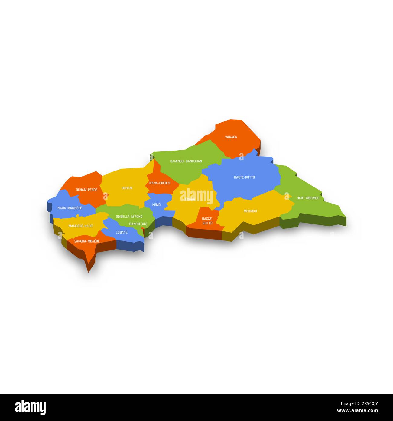 Politische Karte der Verwaltungseinheiten der Zentralafrikanischen Republik - Präfekturen und autonome Gemeinde Bangui. Farbenfrohe 3D-Vektorkarte mit Ländernamen und Schatten. Stock Vektor