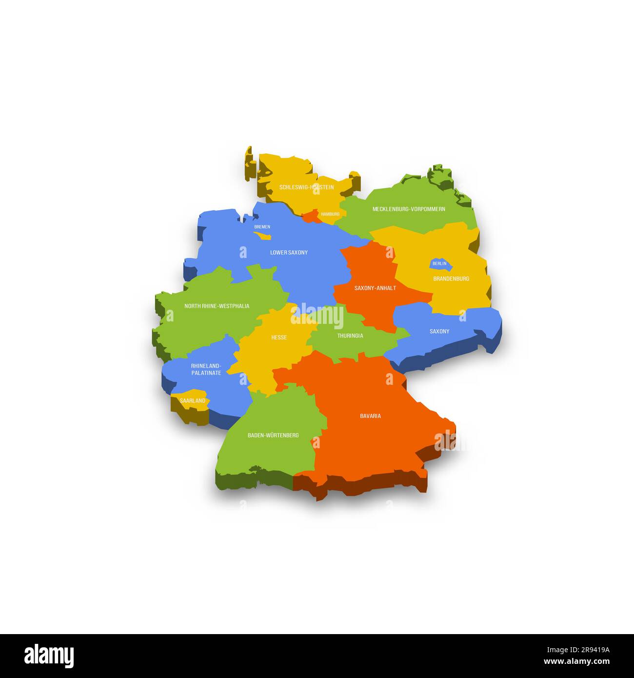 Die deutsche politische Karte der Verwaltungsabteilungen - Bundesländer. Farbenfrohe 3D-Vektorkarte mit Ländernamen und Schatten. Stock Vektor