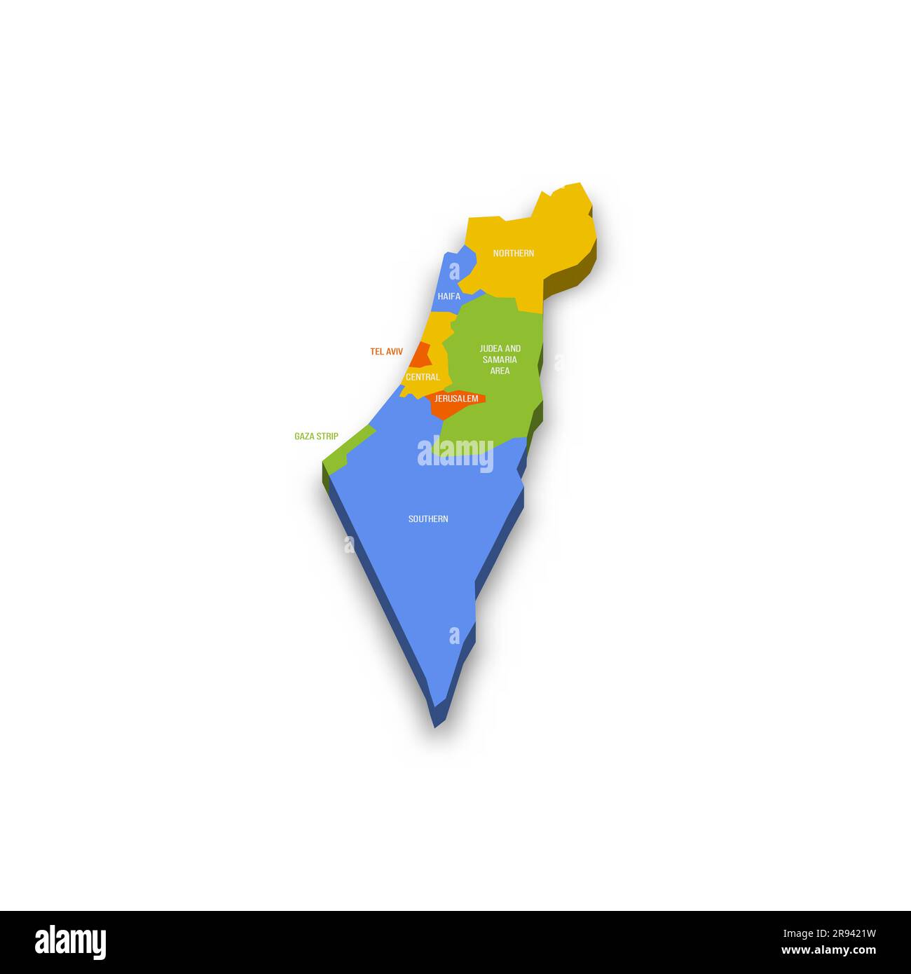 Politische Karte Israels mit Verwaltungsbezirken - Bezirke, Gazastreifen, Judäa und Samaria. Farbenfrohe 3D-Vektorkarte mit Ländernamen und Schatten. Stock Vektor