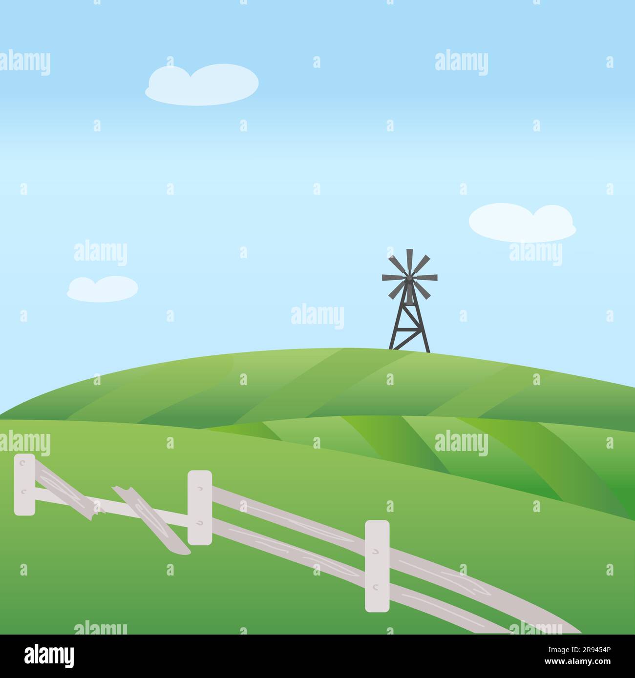 Grünfeld der Vektorfarm mit gebrochenem weißen Holzzaun und grauer Windmühle. Blauer Himmel mit weißen Wolken. EPS10 Stock Vektor