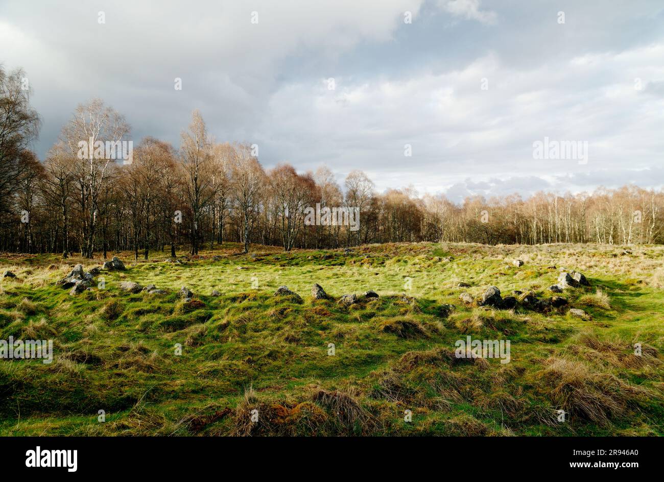 New Kinord prähistorische Siedlung aus der Eisenzeit, Hauskreis 2000 bis 2500 Jahre alt. Zwischen Loch Kinord und Loch Davan, Grampian, Schottland Stockfoto