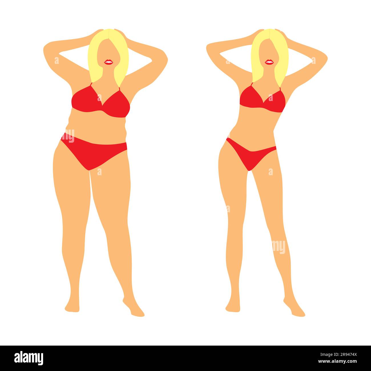 Dicke und schlanke Frau in rotem Badeanzug frontal auf weißem Hintergrund. Vektordarstellung vor und nach Gewichtsverlust Stock Vektor