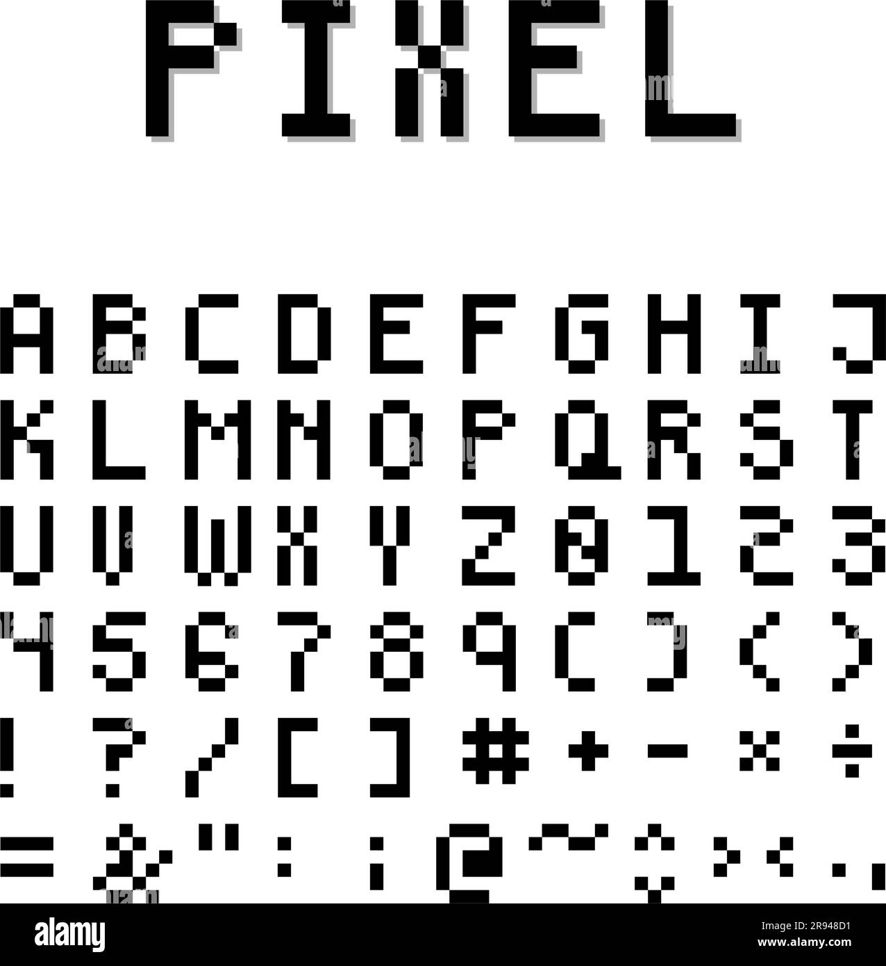 Pixel Art, 8-Bit-Schriftart. Großbuchstaben mit Symbolen. Vektor für Konstruktion. Stock Vektor
