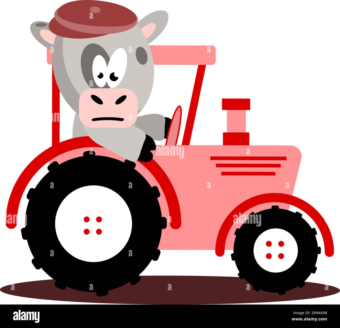 Roter Farmtraktor mit einem grauen Stier in einer braunen Kappe auf weißem Hintergrund. Vektor. EPS10. Stock Vektor