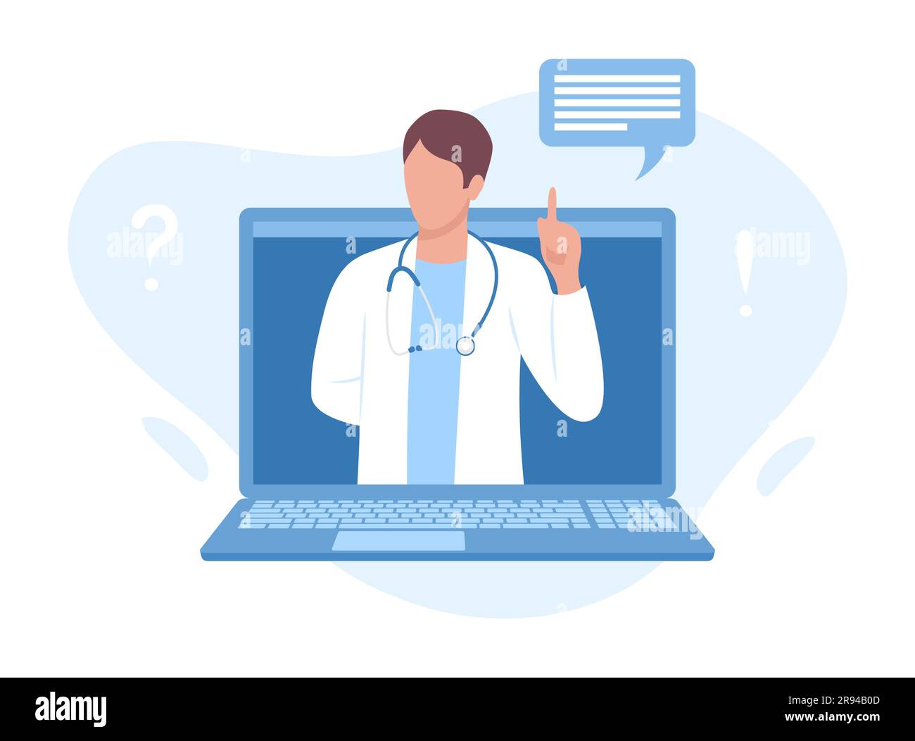 Männlicher Arzt auf Laptop-Bildschirm. Medizinische Beratung online. Abbildung eines flachen Vektors Stock Vektor