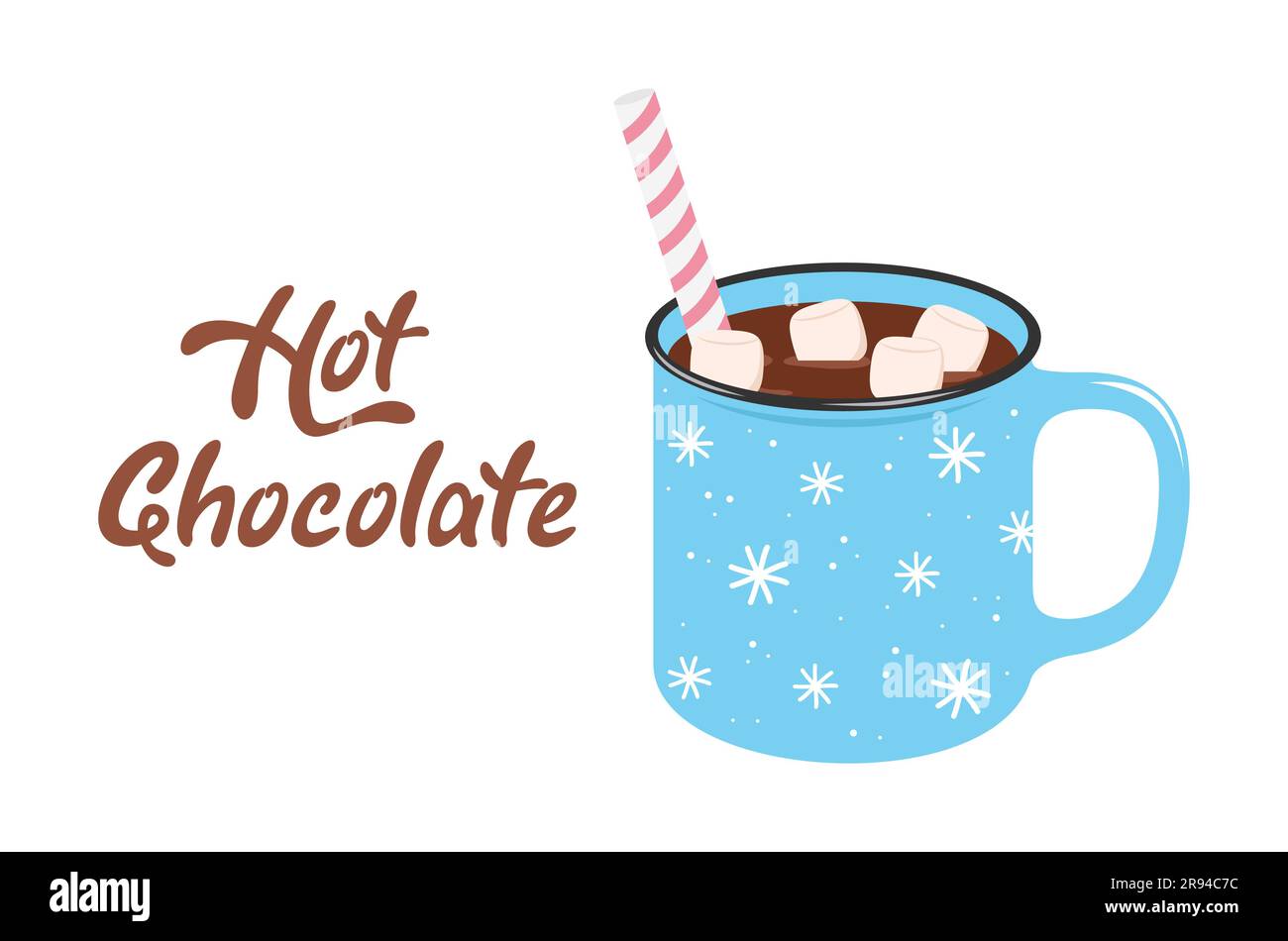 Heißes Schokoladengetränk mit Marshmallow in einem blauen Becher. Abbildung eines flachen Vektors Stock Vektor