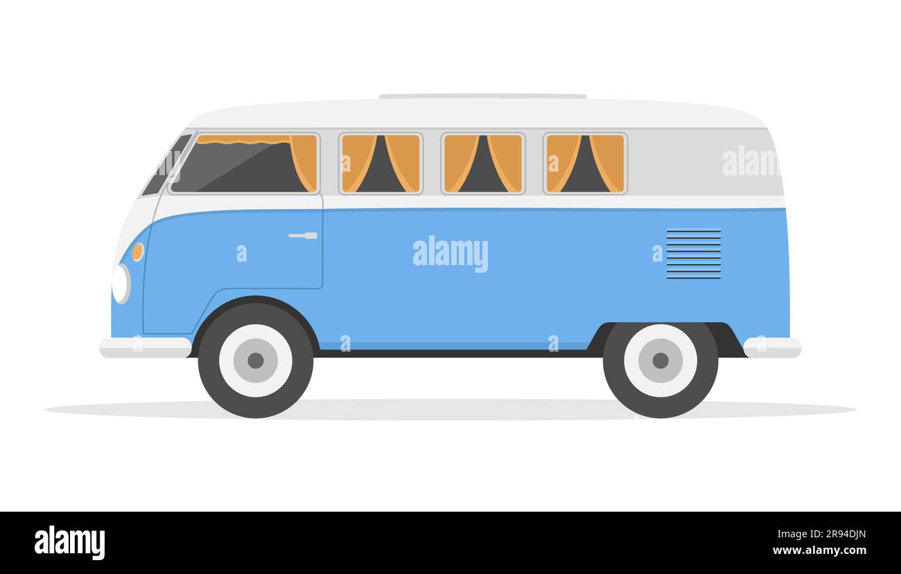 Blauer und grauer Retro-Van auf weißem Hintergrund. Seitenansicht. Abbildung eines flachen Vektors Stock Vektor