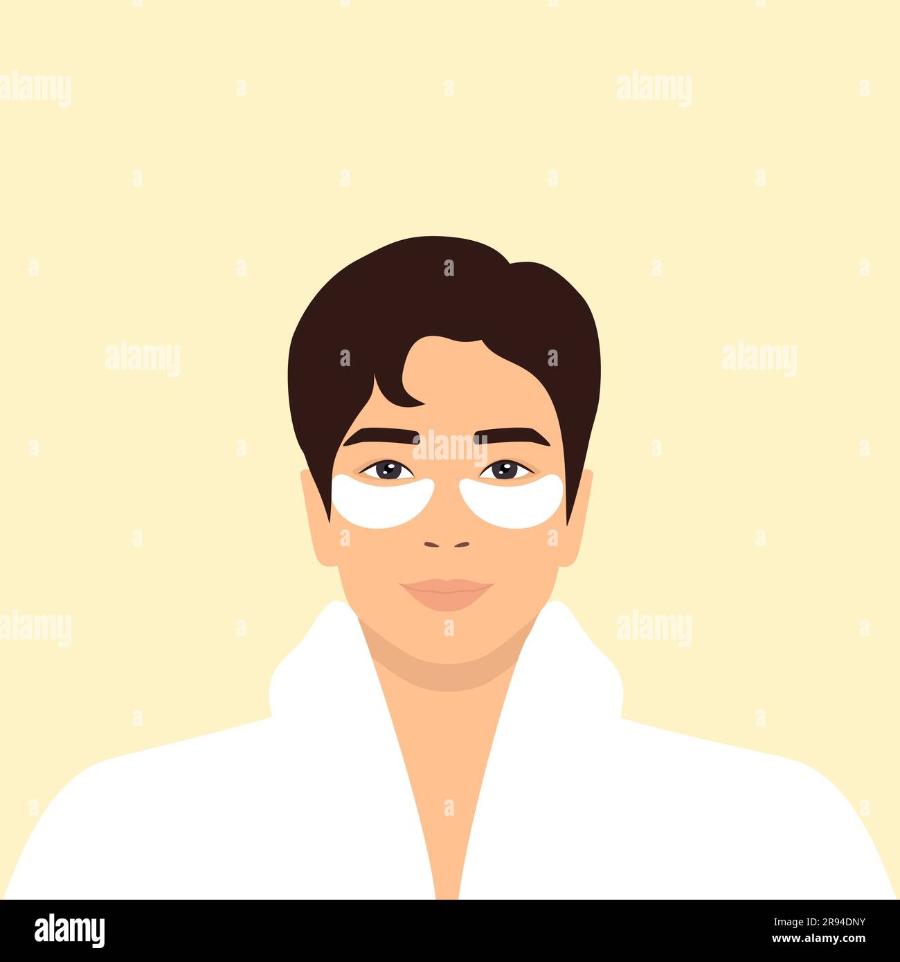 Junger asiatischer Mann in einem weißen Bademantel mit weißen Augenflecken im Gesicht. Tägliche Hautpflegeroutine Stock Vektor