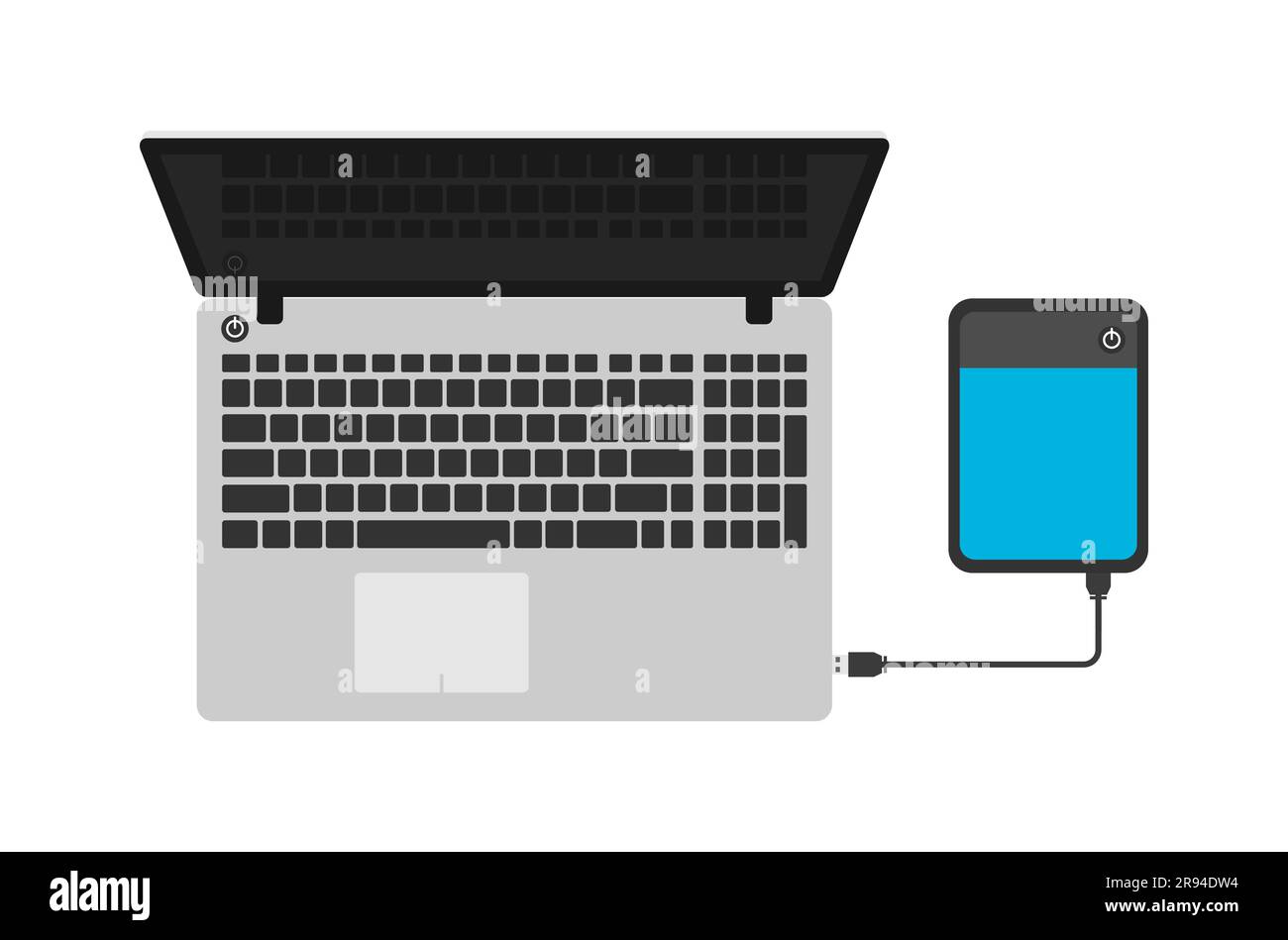 Laptop- und externe Festplattenspeicher auf weißem Hintergrund, Draufsicht. Abbildung eines flachen Vektors Stock Vektor