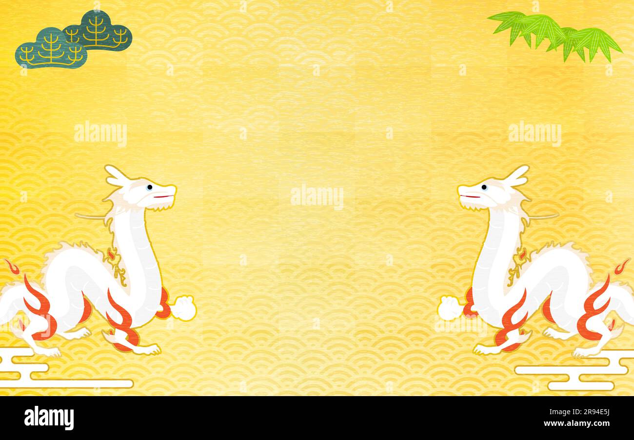 Japanischer Musterhintergrund und zwei Drachen (Schlangen) für Neujahr, mit Kopierraum, Jahr des Drachen 2024, Vektor-Illustration Stock Vektor
