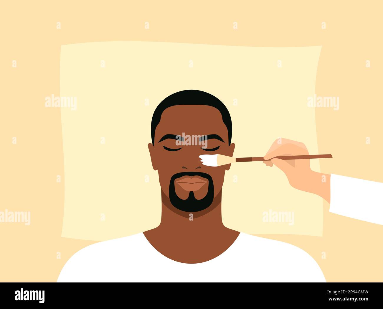 Kosmetikerin, die Tonmaske auf das Gesicht eines afrikaners aufträgt. Professionelles Pflegeverfahren im Schönheitssalon Stock Vektor