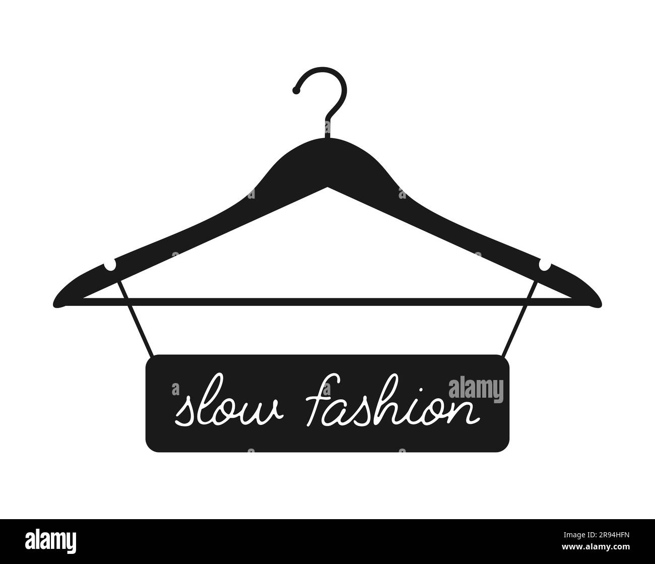 Ein Schild mit dem handgeschriebenen Text Slow Fashion hängt an einem Kleiderbügel. Slow Fashion-Konzept. Schwarzweiß-Vektordarstellung Stock Vektor