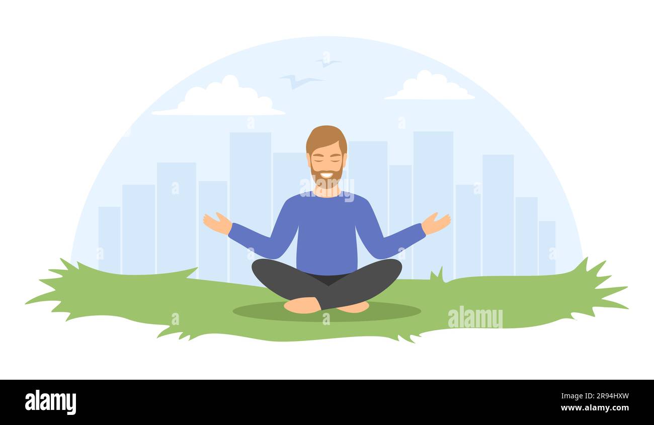 Ein Mann meditiert in einer Lotusposition auf dem Gras mit einer Stadt dahinter. Vektordarstellung in flacher Form Stock Vektor