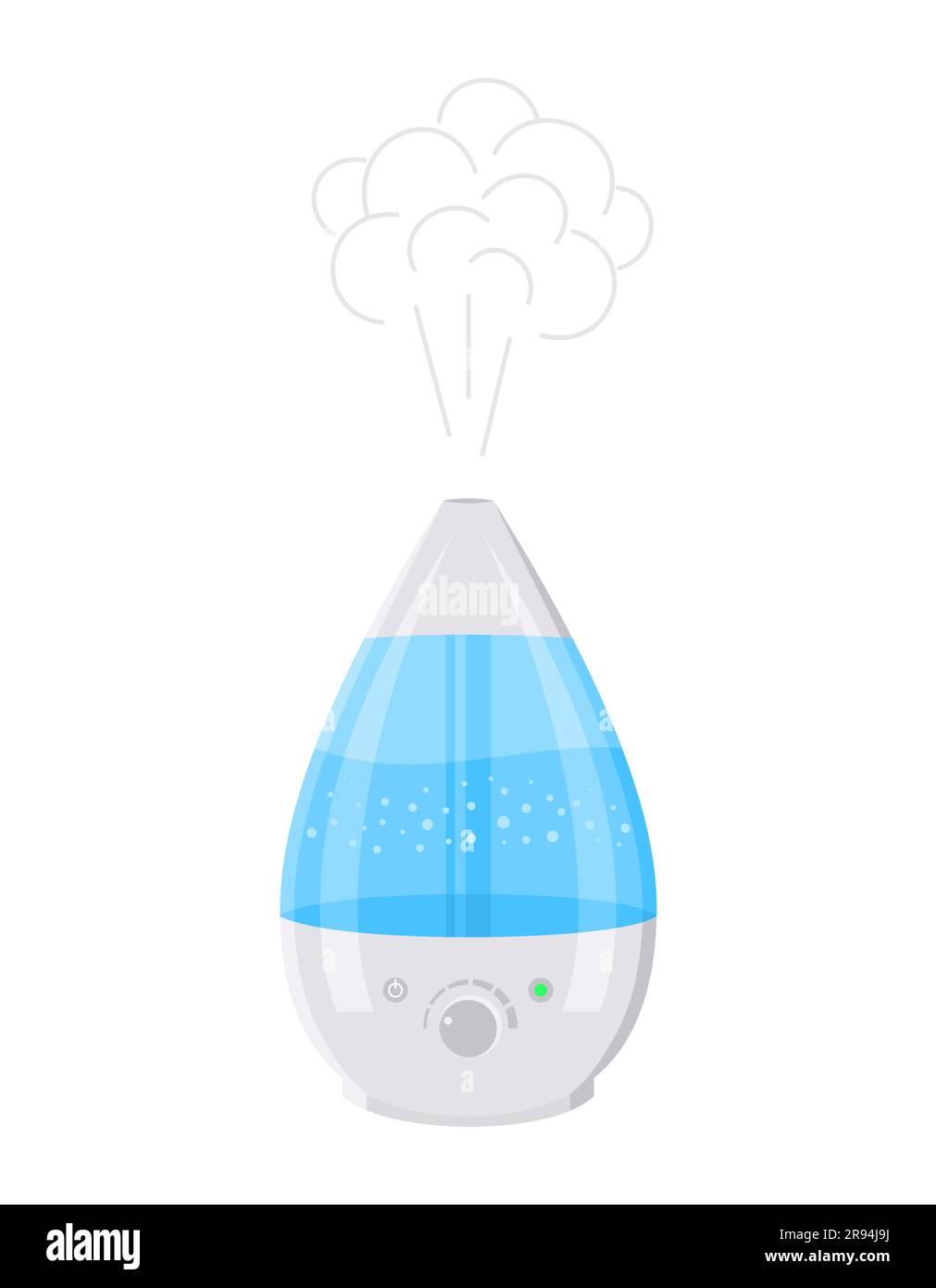 Ein funktionierender weiß-blauer Luftbefeuchter mit isoliertem Wasserdampf auf weißem Hintergrund. Abbildung eines flachen Vektors Stock Vektor
