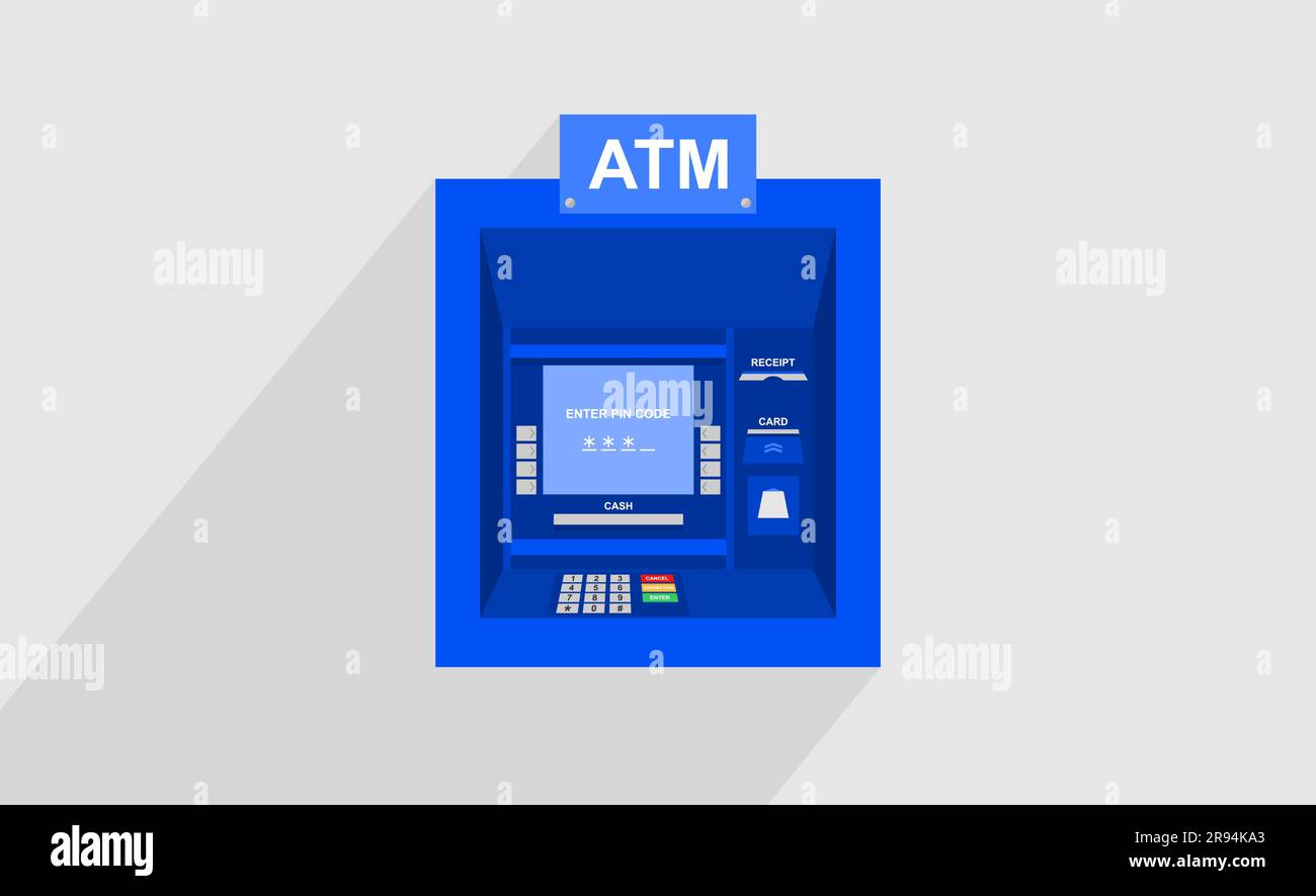 Blauer Geldautomat auf grauem Hintergrund. Vektordarstellung Stock Vektor