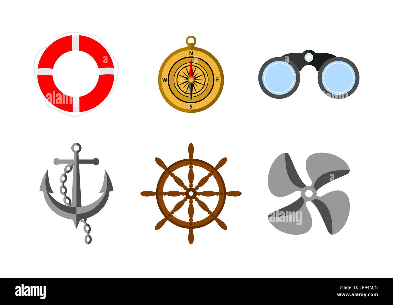 Vektorsatz mit farbigen realistischen nautischen Symbolen. Rettungsring, Kompass, Anker mit Kette, Lenkrad, Fernglas und Schiffspropeller auf einem weißen Hintergro Stock Vektor
