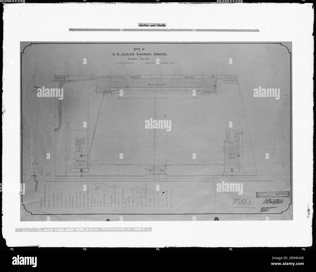 Foto von Zeichnung F563-S4 - Plan of Marine Barrack Grounds, 1861. Glasplatten-Negative für den Bau und die Reparatur von Gebäuden, Einrichtungen und Schiffen am New York Navy Yard. Stockfoto