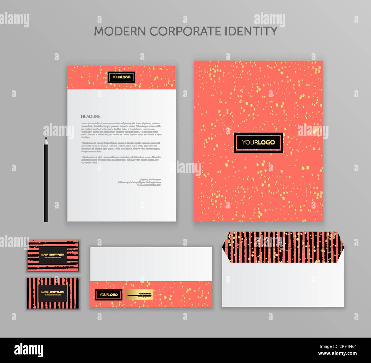 Corporate Identity-Vorlage. Corporate Identity Design Stationery Mockup Vector Megapack Set. Trendige Lebende Koralle Stock Vektor