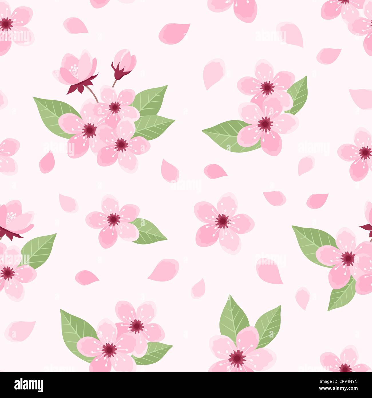 Nahtloses Muster aus Rosa Kirsche mit Blumen, Knospen und Blättern auf weichem rosa Hintergrund. Sakura-Blütenmuster. Vektordarstellung in flacher Form Stock Vektor