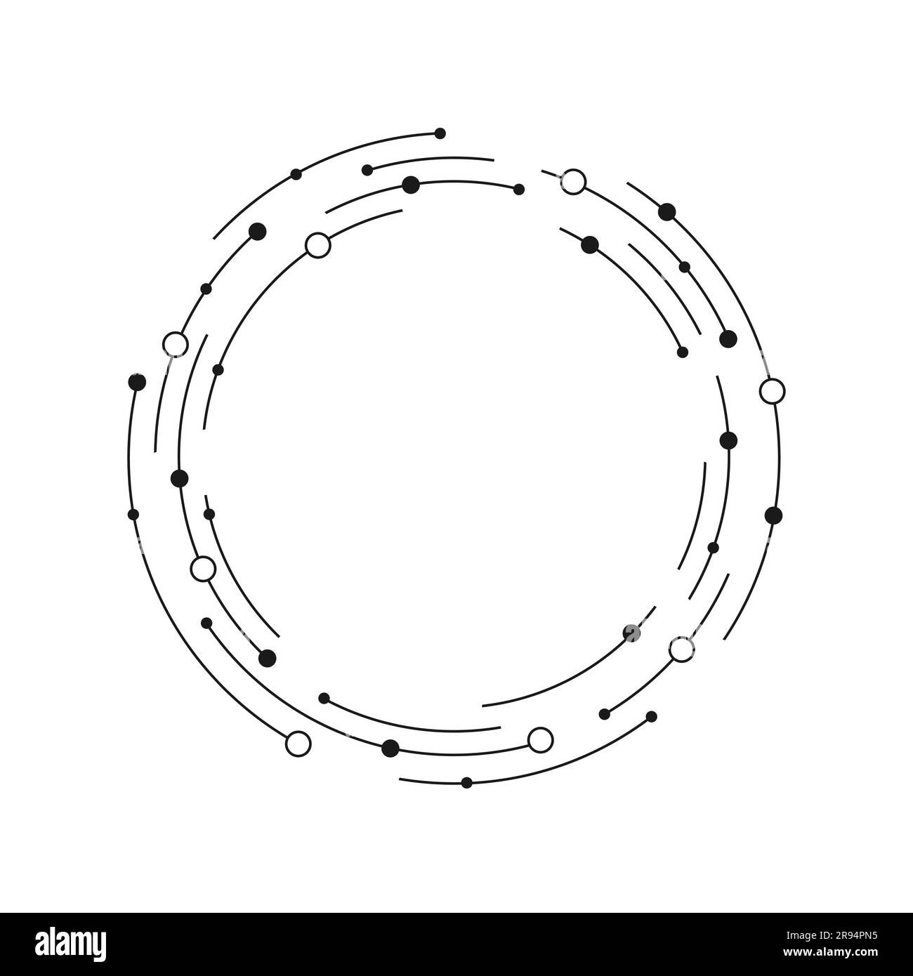 Runder Rahmen aus gestrichelten kreisförmigen Linien und Kreisen auf weißem Hintergrund mit Kopierbereich innen. Vektordarstellung Stock Vektor