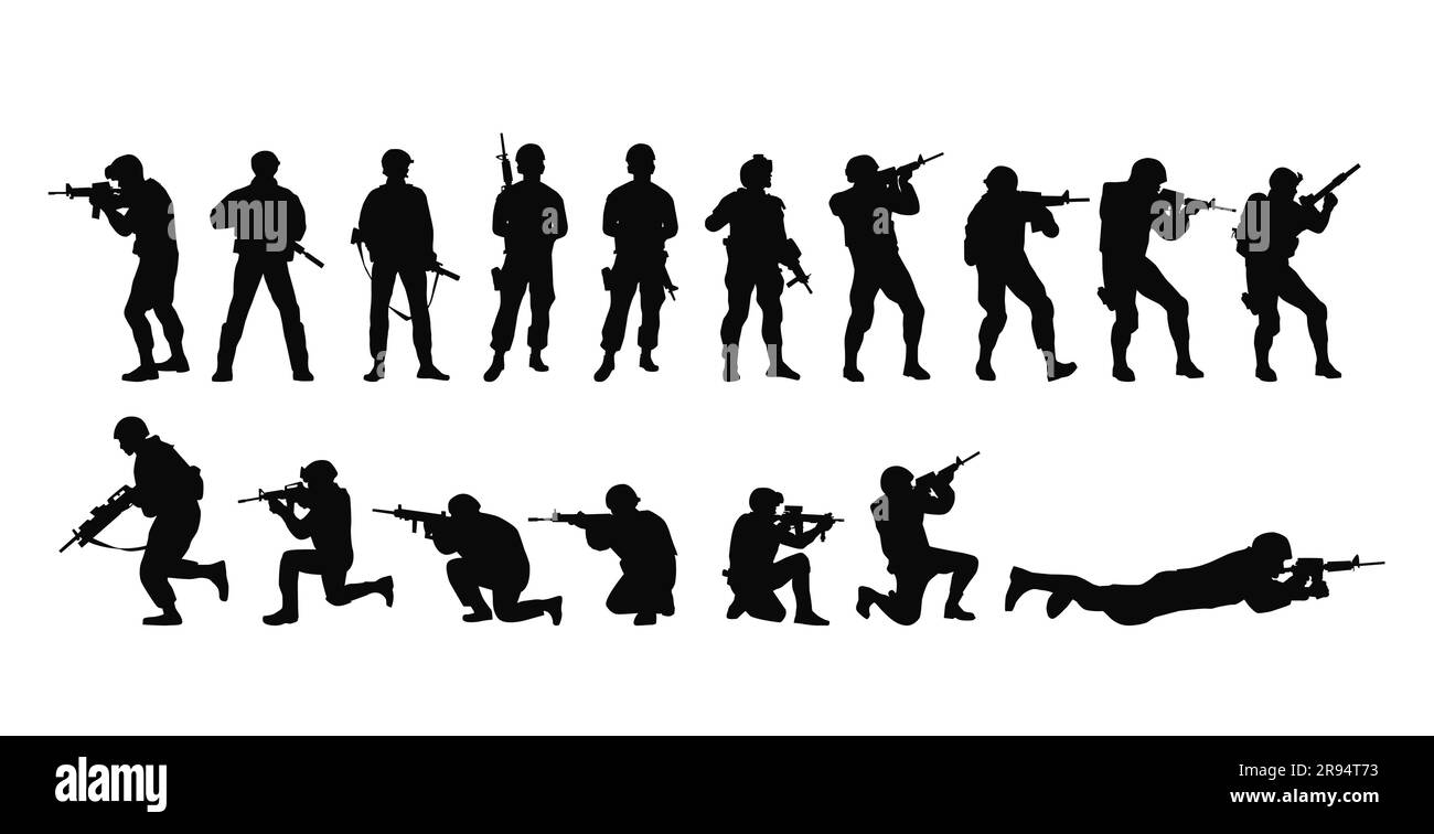 Soldat, Armee-Silhouetten. Soldaten der Armee mit Gewehrsilhouette Stock Vektor