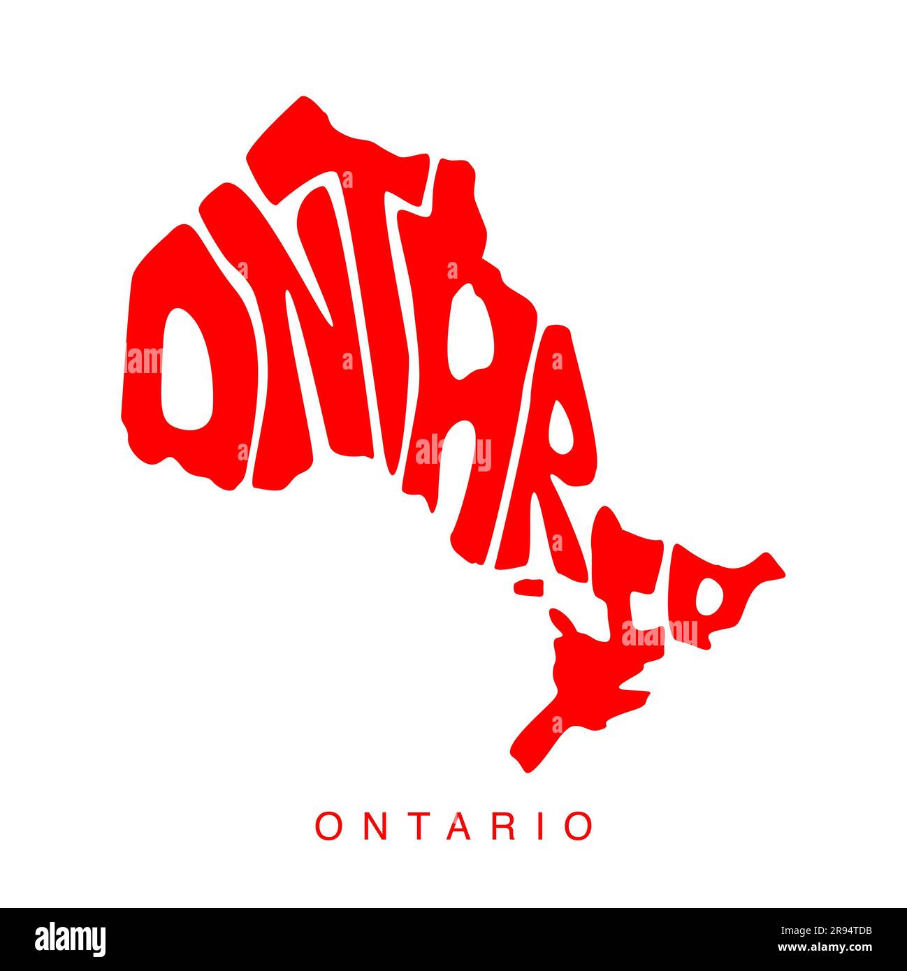 Eine detaillierte Vektordarstellung der kanadischen Provinz Ontario mit dem Namen der Provinz in Großbuchstaben auf weißem Hintergrund Stockfoto