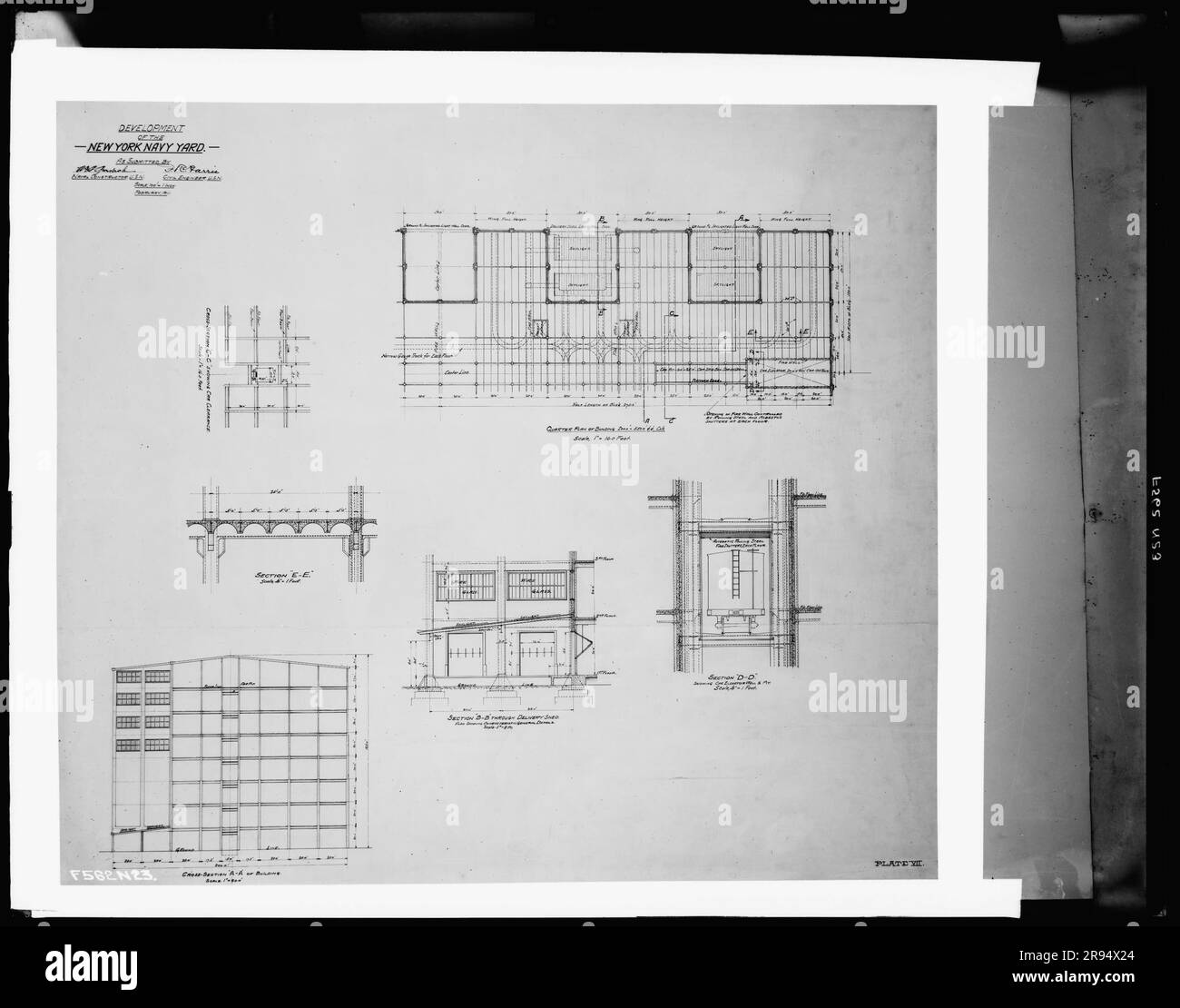 Entwicklungszeichnung, Platte VII - Zeichnung der Gebäudekonstruktion. Glasplatten-Negative für den Bau und die Reparatur von Gebäuden, Einrichtungen und Schiffen am New York Navy Yard. Stockfoto