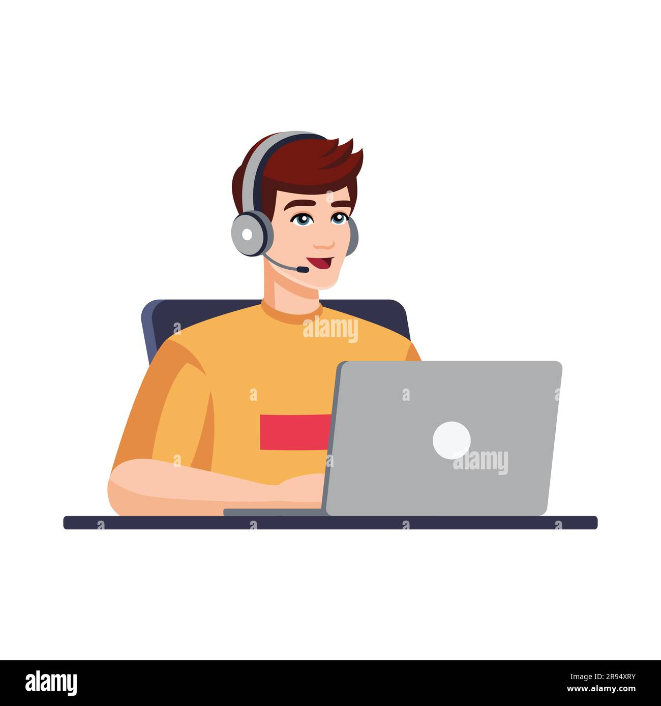 Mann mit Computer, Kopfhörern und Mikrofon. Konzeptdarstellung für Support, Unterstützung, Call Center. Callcenter-Mitarbeiter, Programmierer, Gamer. Vektordarstellung in flacher Form Stock Vektor