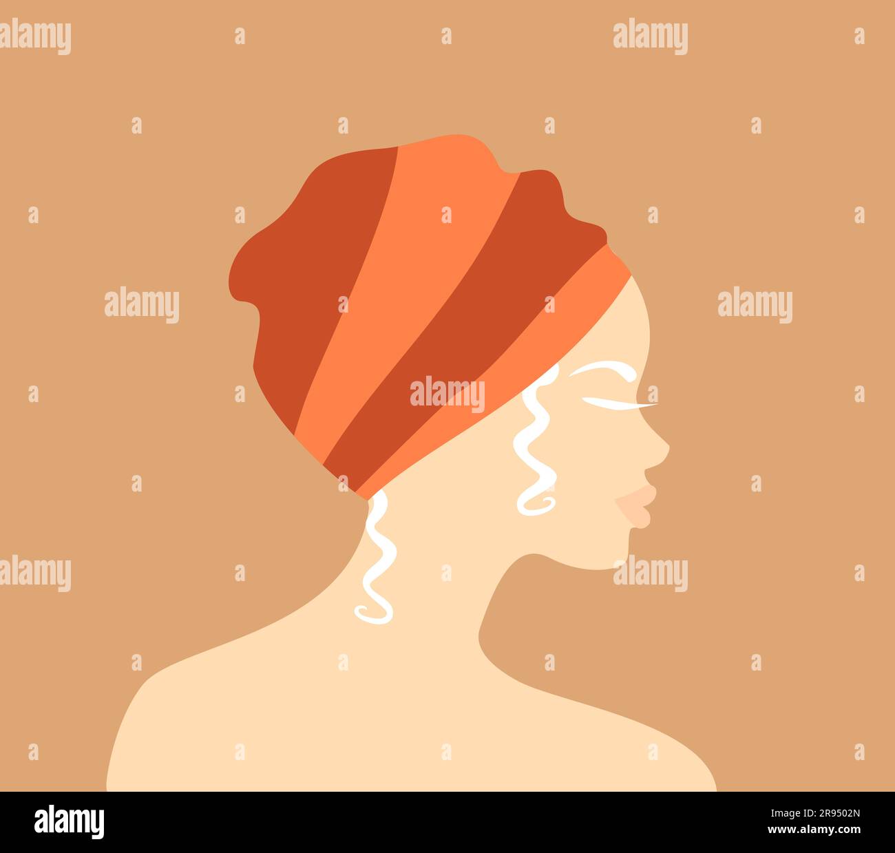Profil einer wunderschönen afrikanischen Albino-Frau in einem traditionellen orangefarbenen Turban auf einem weichen orangefarbenen Hintergrund. Abbildung eines flachen Vektors Stock Vektor