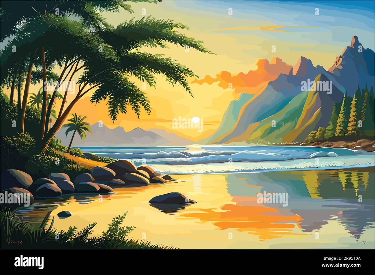 Farbenfrohe Meereslandschaft mit Insel, Morgen auf dem Meer, Welle, Illustration, Ölgemälde auf einer Leinwand. Stock Vektor