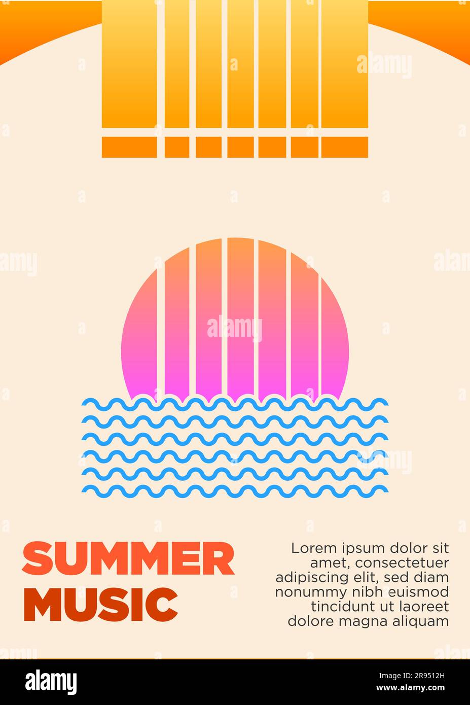 Gitarre, Sonne und Meereswellen. Sommermusikfestival Event Poster Vorlage Vektordarstellung Stock Vektor