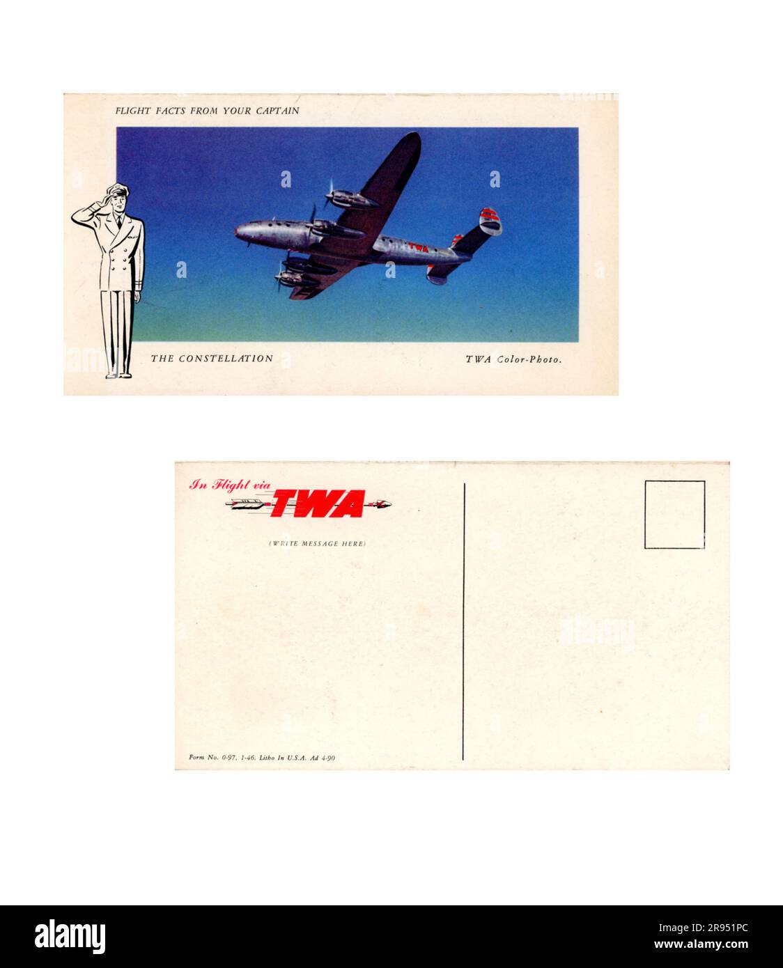 Vintage TWA Postkarte/Passagierflugprotokoll, 1950, USA Stockfoto