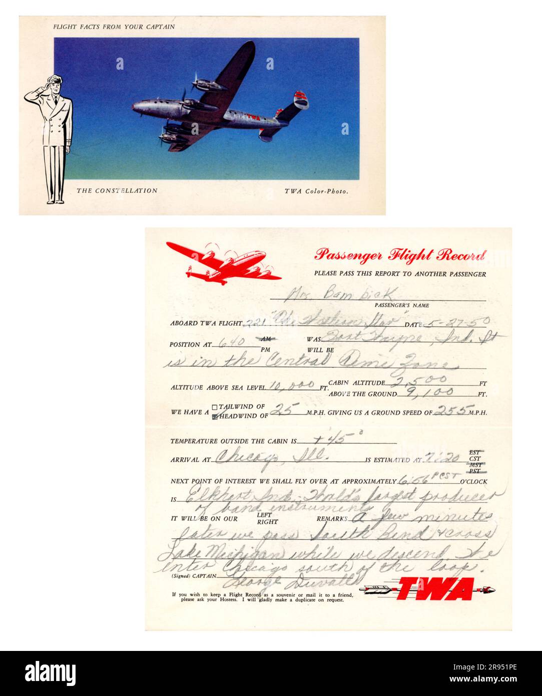 Vintage TWA Postkarte/Passagierflugprotokoll, 1950, USA Stockfoto