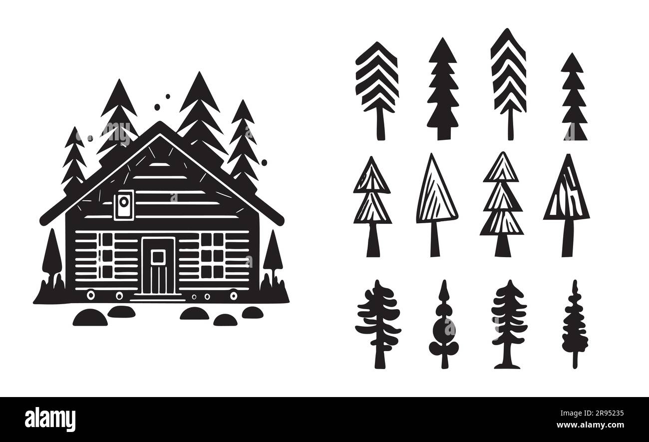 Eine Reihe von Vektordarstellungen für Holzhütten und Tannenbäume. Maskuline Outdoor-Reise im nordischen Linocut-Chalet in skandinavischer Urlaubsgruppe Stock Vektor