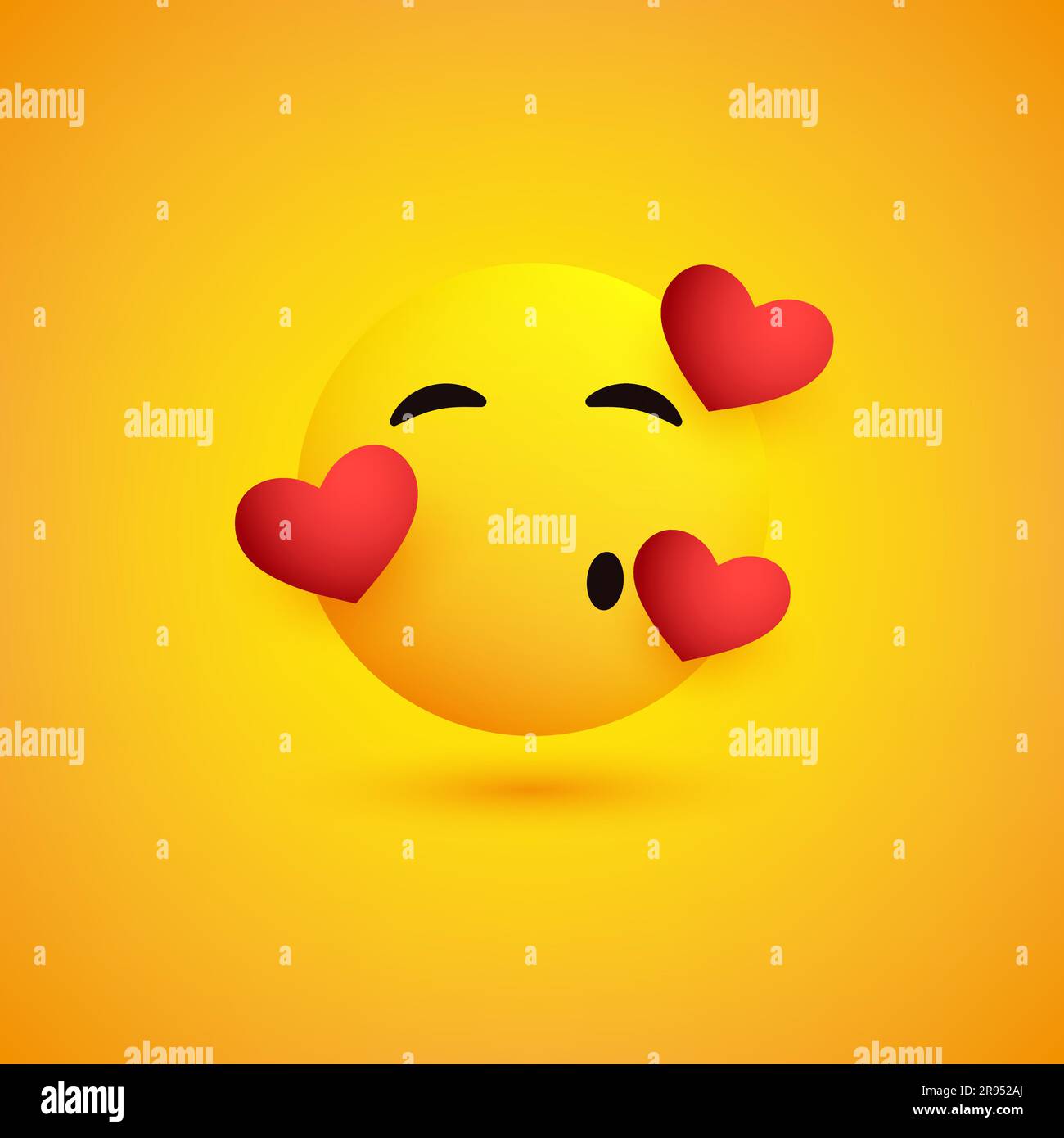 Lächelndes und küssendes Gesicht mit Herzen auf gelbem Hintergrund – Emoticon Vector Design Stock Vektor