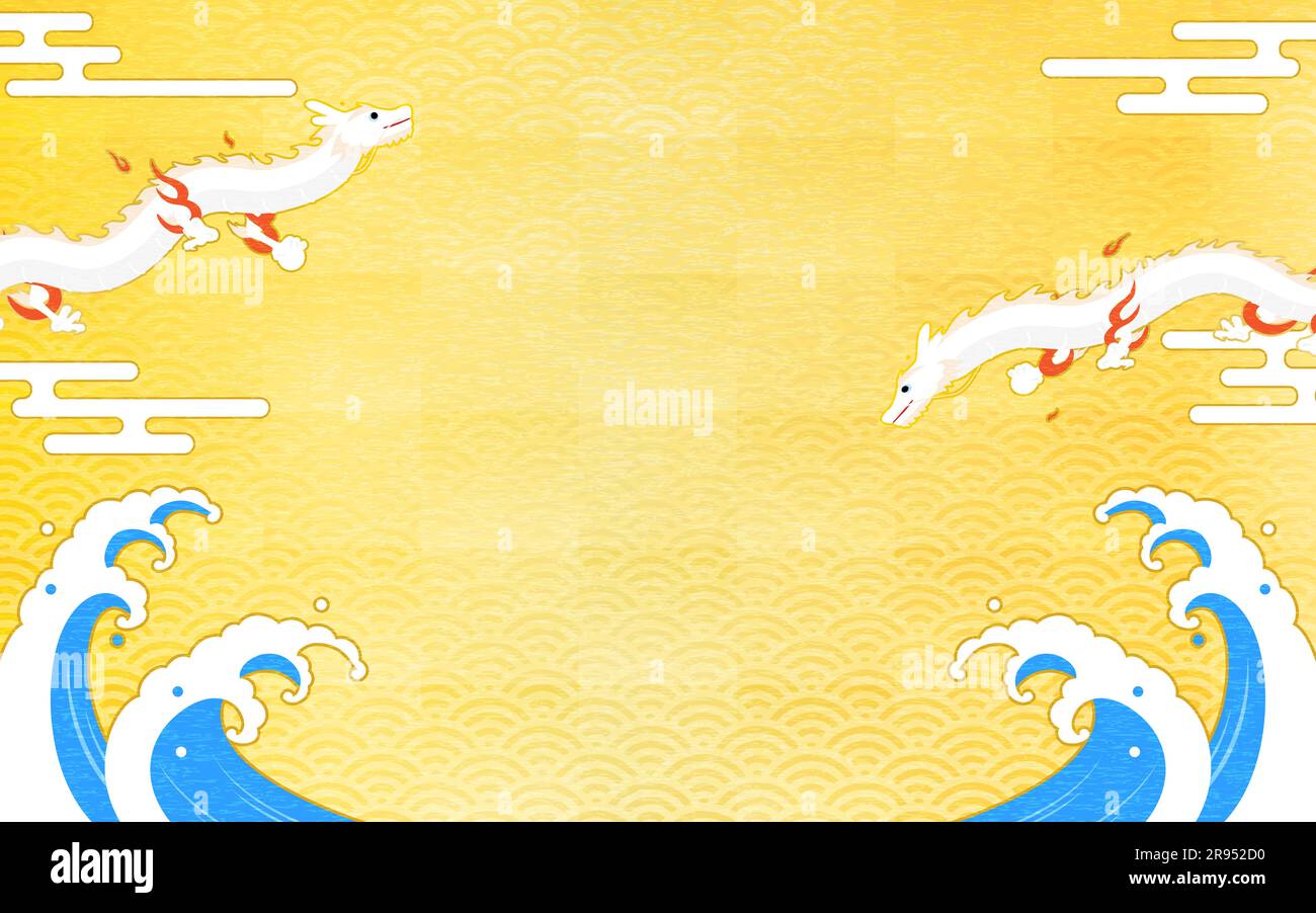 Zwei Drachen fliegen über den Wellen (Schlangen) im japanischen Neujahr, 2024. Jahr des Drachen, Vektorillustration Stock Vektor