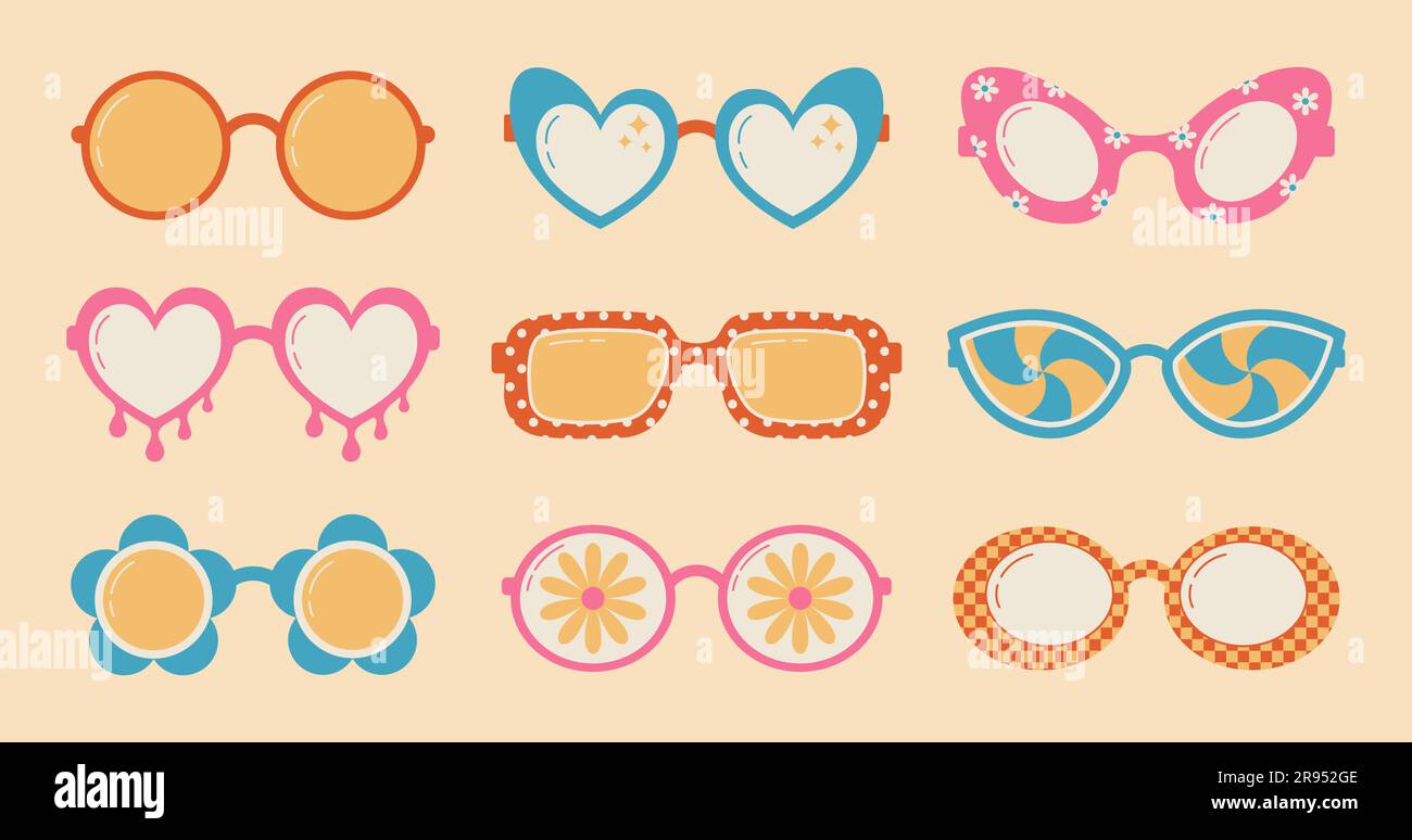 Kollektion von tollen Hippie-Sonnenbrillen in flachem Stil. Abstrakte psychedelische Retro-Brille. Vektordarstellung Stock Vektor