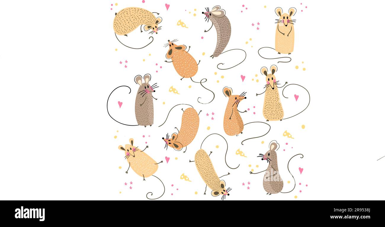 Satz lustiger Ratten für Design.2020. Süße kleine Mäuse in verschiedenen Posen. Ein Set süßer, kleiner Zeichentrickmäuse. Süßes Cartoon-Clipart-Set. Stock Vektor