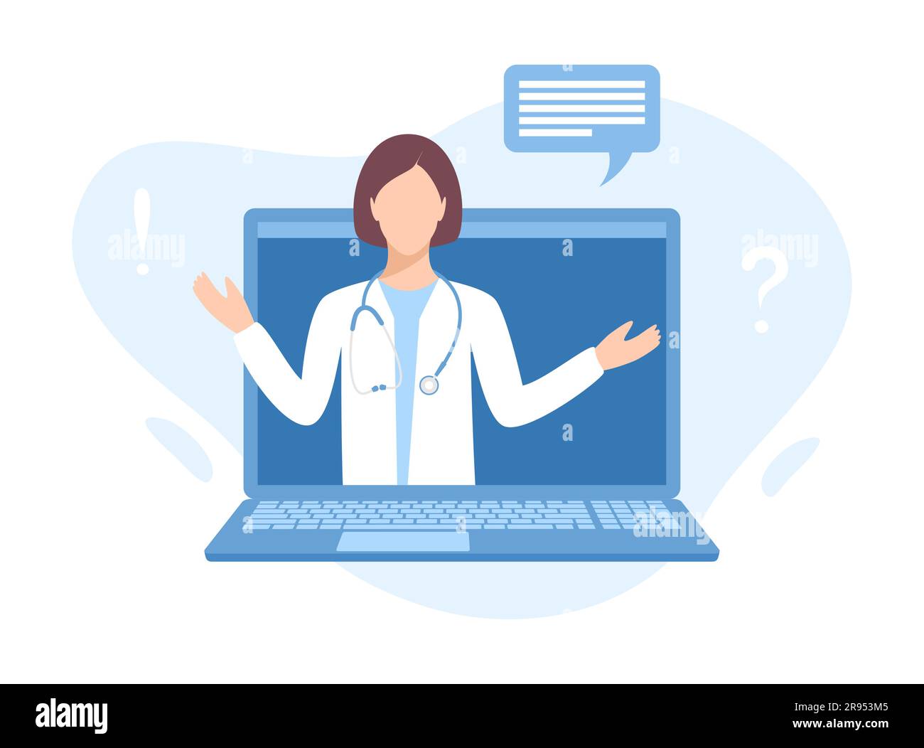Eine Ärztin auf dem Laptop-Bildschirm. Medizinische Beratung online. Abbildung eines flachen Vektors Stock Vektor