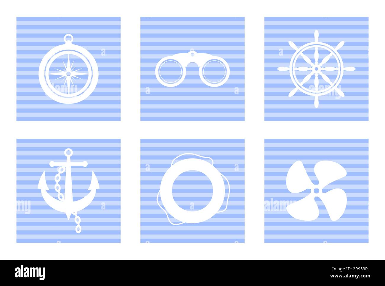 Blaue und weiße nautische Symbole. Vektordarstellung in flacher Form Stock Vektor