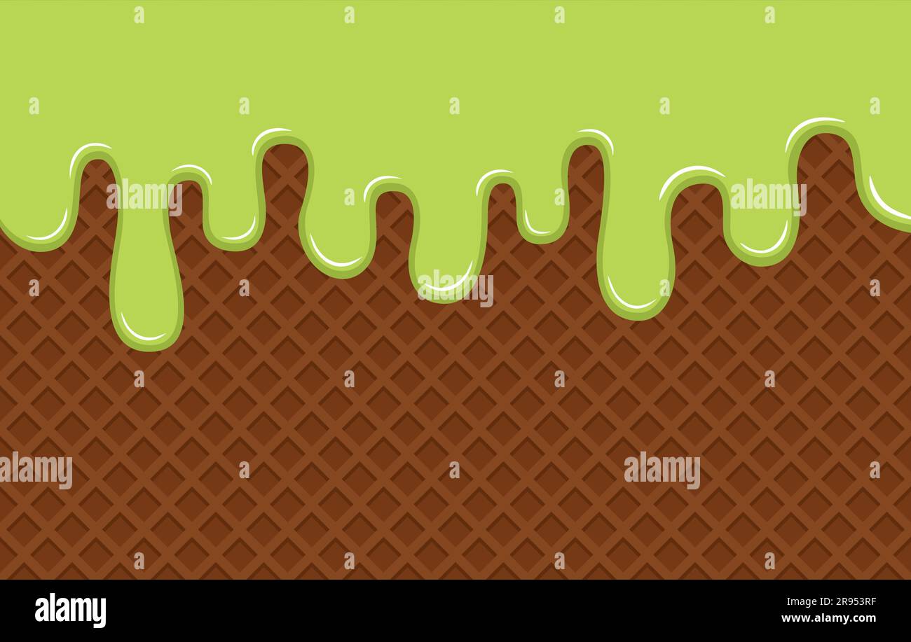 Grüne Eiscreme fließt durch die braunen knusprigen Waffeln. Köstliche Desserts im Hintergrund. Abbildung eines flachen Vektors Stock Vektor