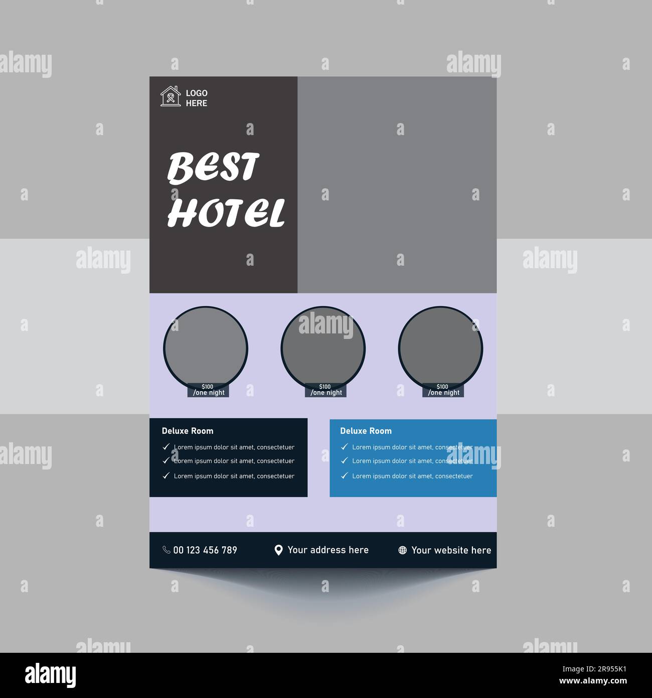 Bestes Design der Flyer-Vorlage für Hotelservice. Design des Golden Hotel Flyer-Plakats. Deckblatt, Poster, größe A4, Broschüre, Flyer, Druckbereit Stock Vektor