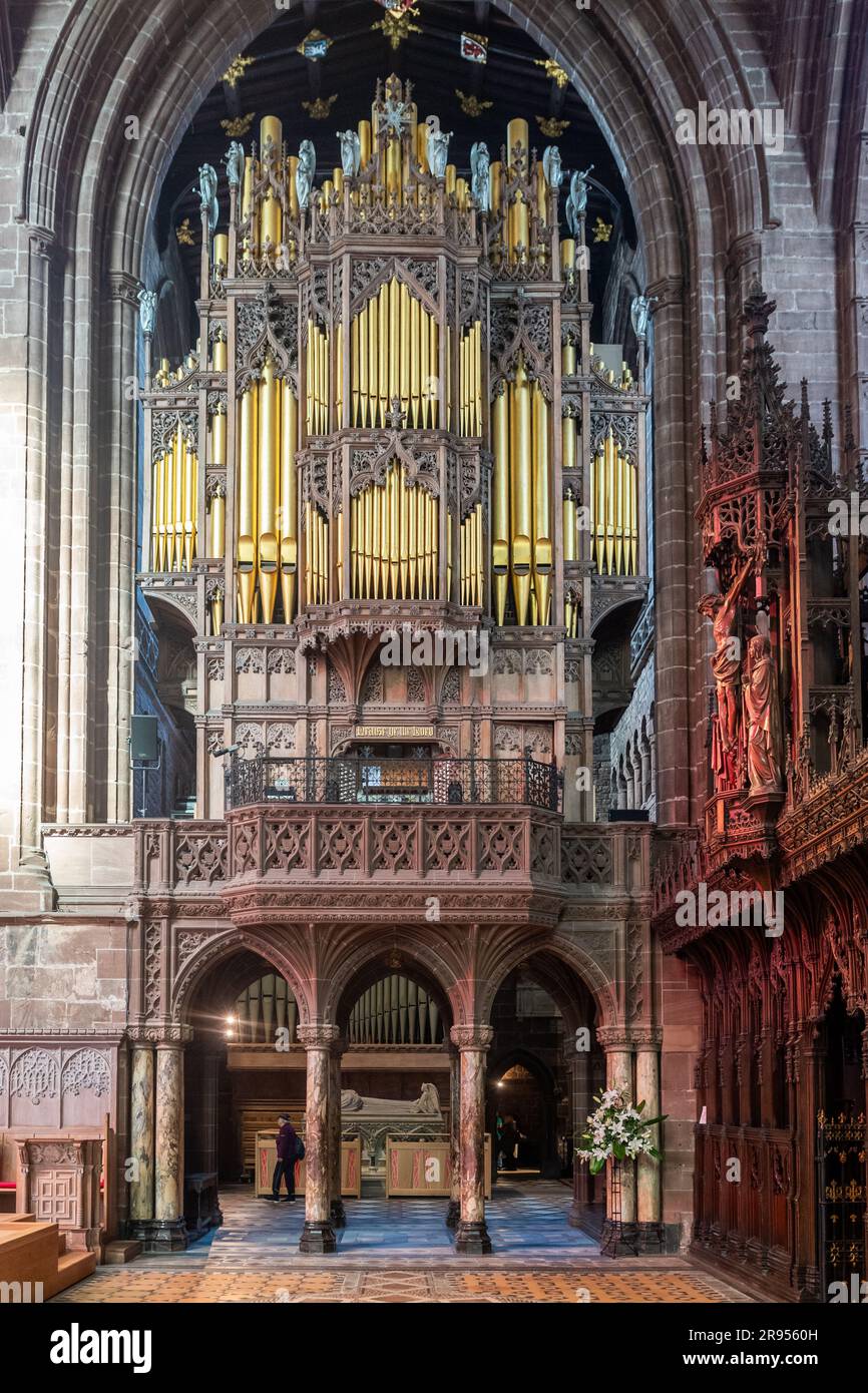 Orgel in Chester Cathedral, Cheshire, Großbritannien. Stockfoto