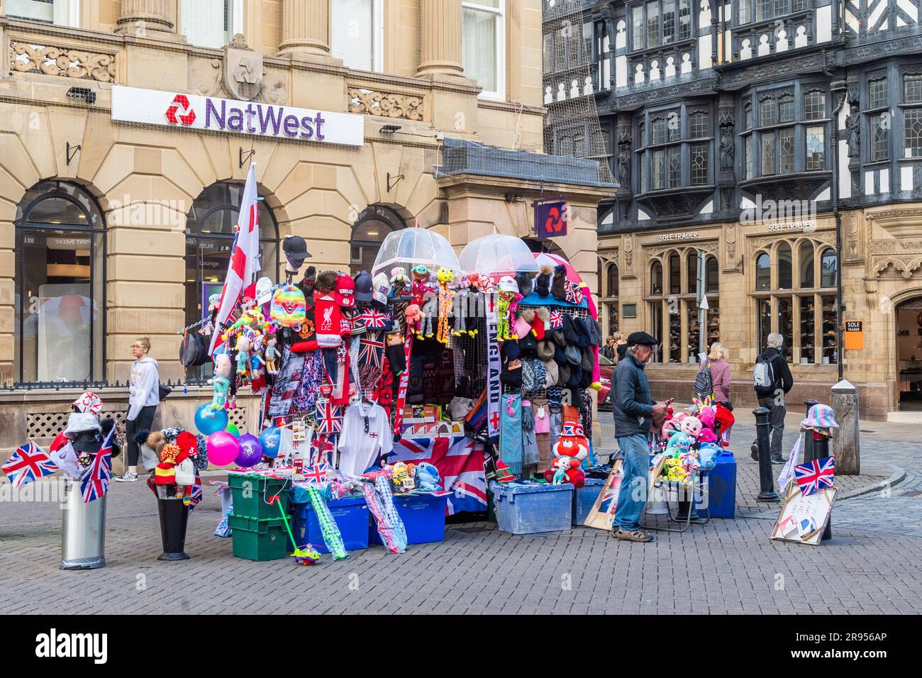 Straßenhändler in Chester City Centre, Cheshire, Großbritannien. Stockfoto