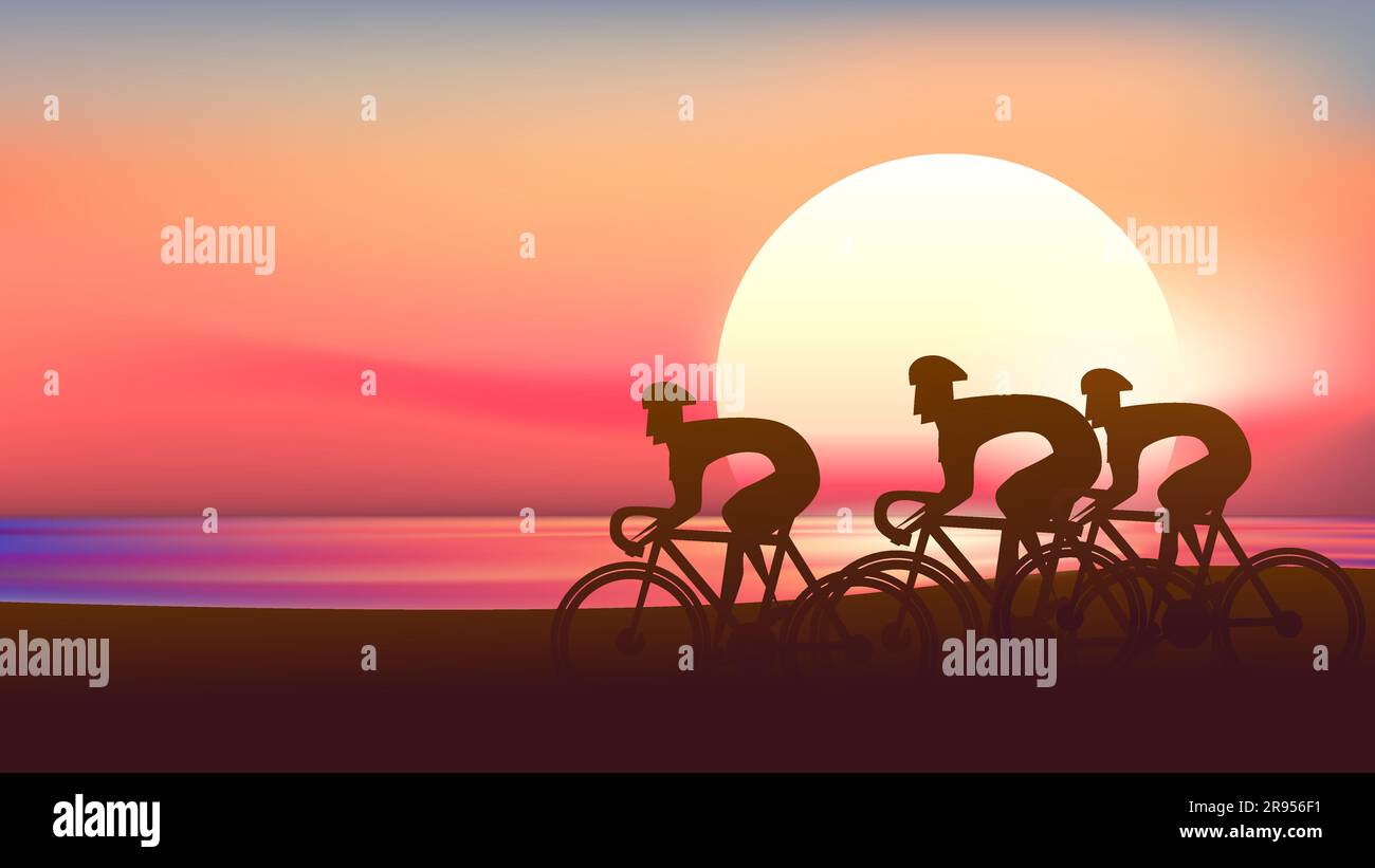 Radtour am Morgenstrand mit Sonnenaufgang im Hintergrund. Abstrakter Stil. Zyklische Vektordarstellung Stock Vektor