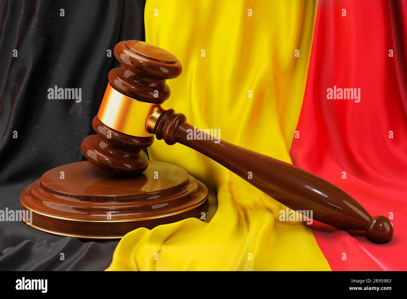 Belgisches Rechtskonzept. Holzhammer auf belgischer Flagge, 3D-Rendering Stockfoto