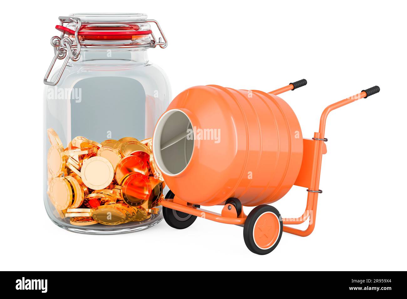 Zementmischer mit Glasbehälter voller goldener Münzen, 3D-Rendering auf weißem Hintergrund isoliert Stockfoto