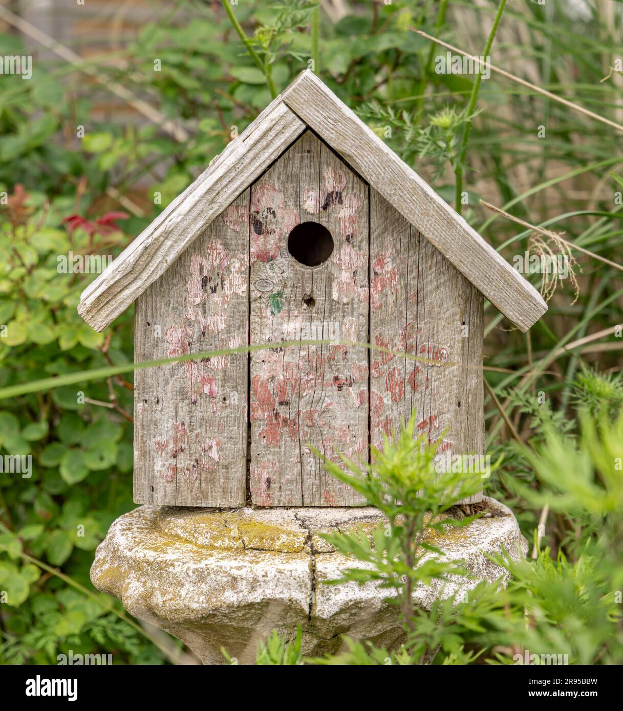 Ein handgemachtes Vogelhaus aus Holz mit verblasster Farbe Stockfoto