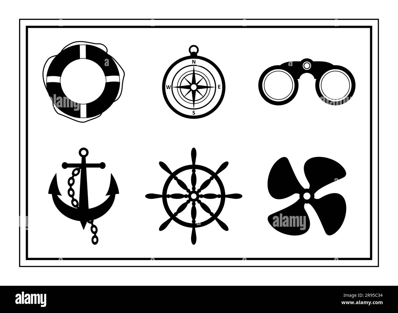 Vektorsatz von schwarzen realistischen nautischen Symbolen. Rettungsring, Kompass, Anker mit Kette, Lenkrad, Fernglas und Schiffspropeller auf weißem Hintergrund Stock Vektor